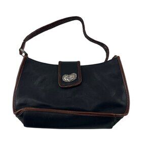 Fossil Black & Brown Faux Leather Shoulder Bag With Silver Heart Clasp Vintage